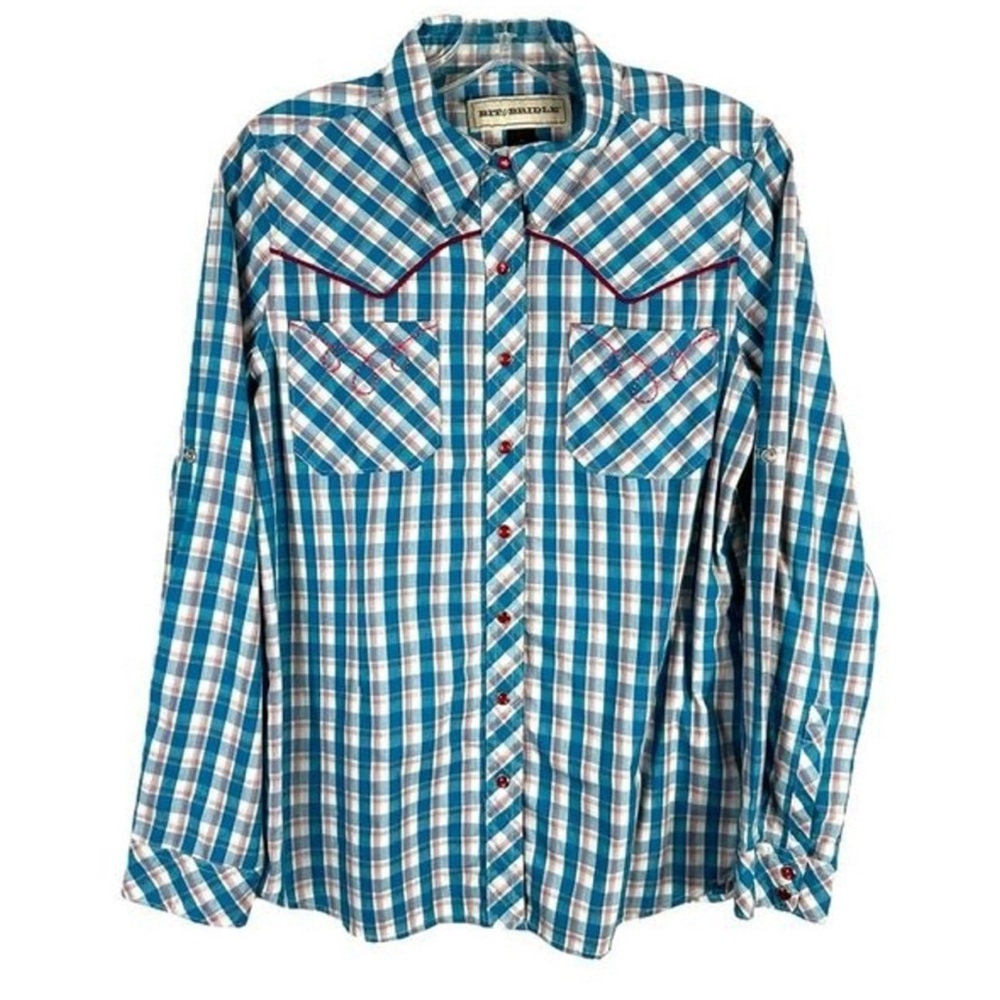 Bit & Bridal Gingham Plaid Blue Pink Pearl Snap Western Blouse Long Sleeve large